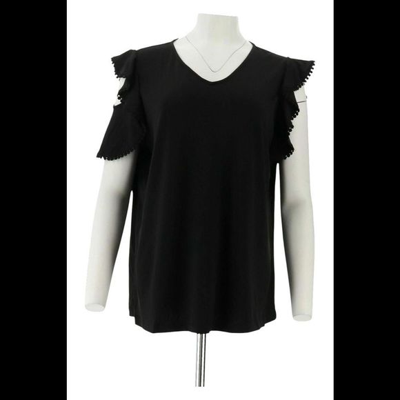 Susan Graver Women's Liquid Knit Top with Crochet Trim Black - Regular - Picture 1 of 1